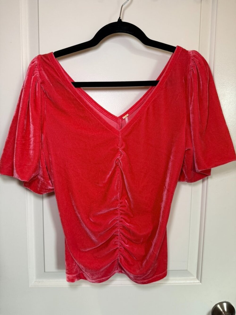 Free People Pink Velvet Cupcake Ruched V-Neck Top Romantic Boho Going Out Top